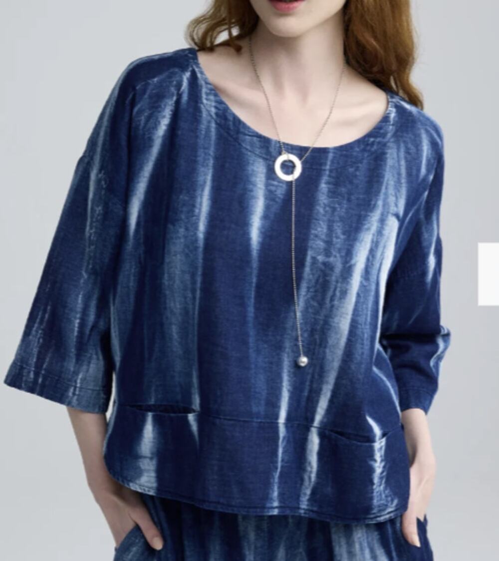 Luukaa Avery Batik-effect Muslin Cotton Blouse US 8/10 Blue Boxy Lagenlook Top